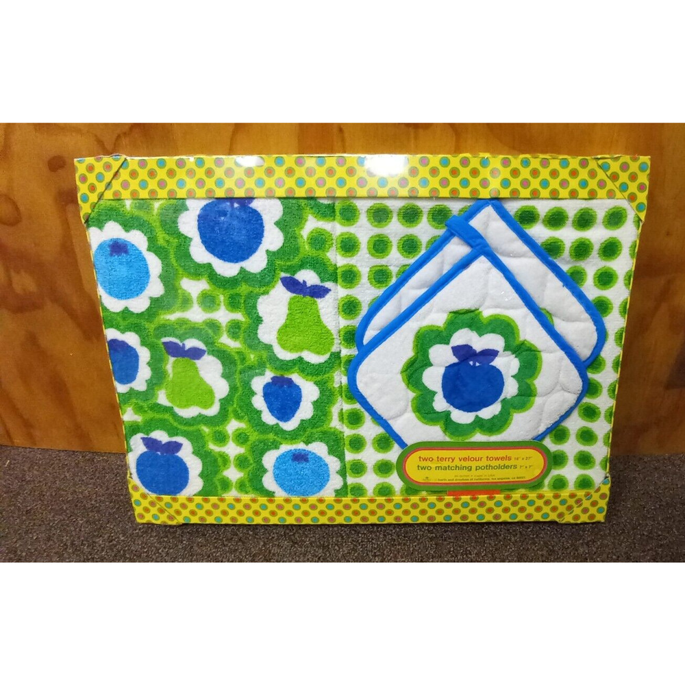 Vintage 70s Blue & Green Velour Towel & Potholder Set NEW RETRO MCM